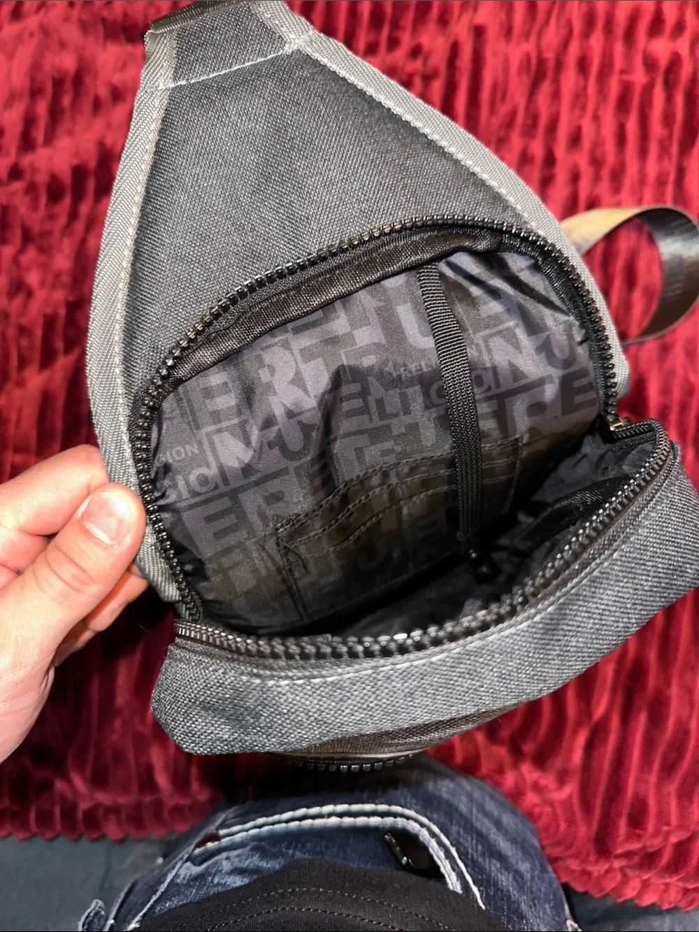 True Religion Black Sling Crossbody Bag with Silver Strap
